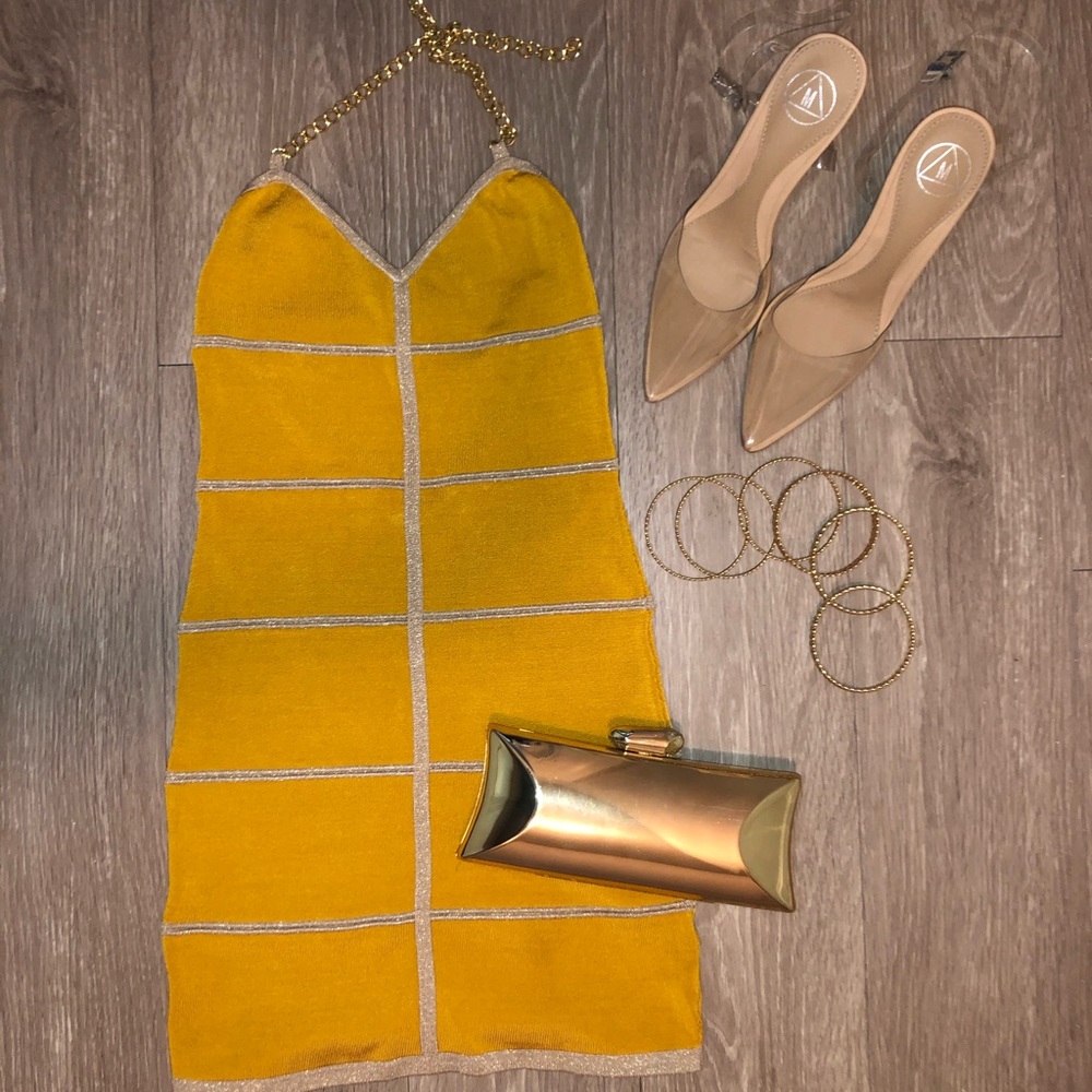 BeBe Yellow Gold Mini Bandage Dress